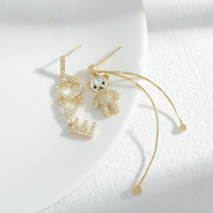 Sterling Silver Needle Love Letter Asymmetric Bear Ear Studs Women's Exquisite Light Luxury High-Grade Tassel Earrings Earrings
