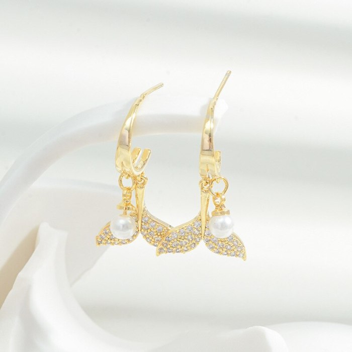 New Fishtail Pearl Earrings for Women Summer Temperament Entry Lux Internet Celebrity Sterling Silver Needle Ear Studs