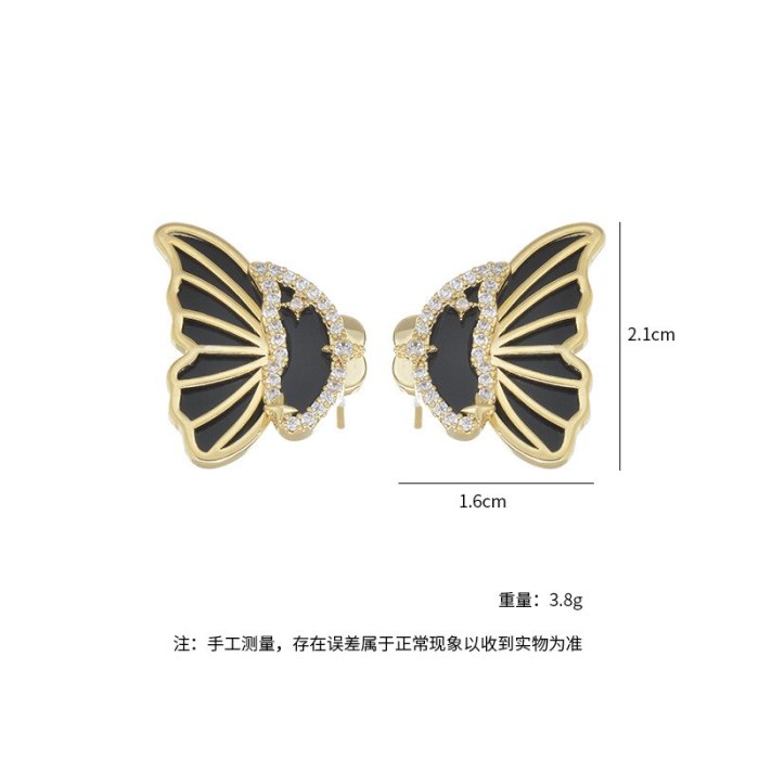 Micro Inlaid Zircon Butterfly Wings Oil Stud Earrings Sterling Silver Needle Temperamental Three-Dimensional Butterfly Earrings