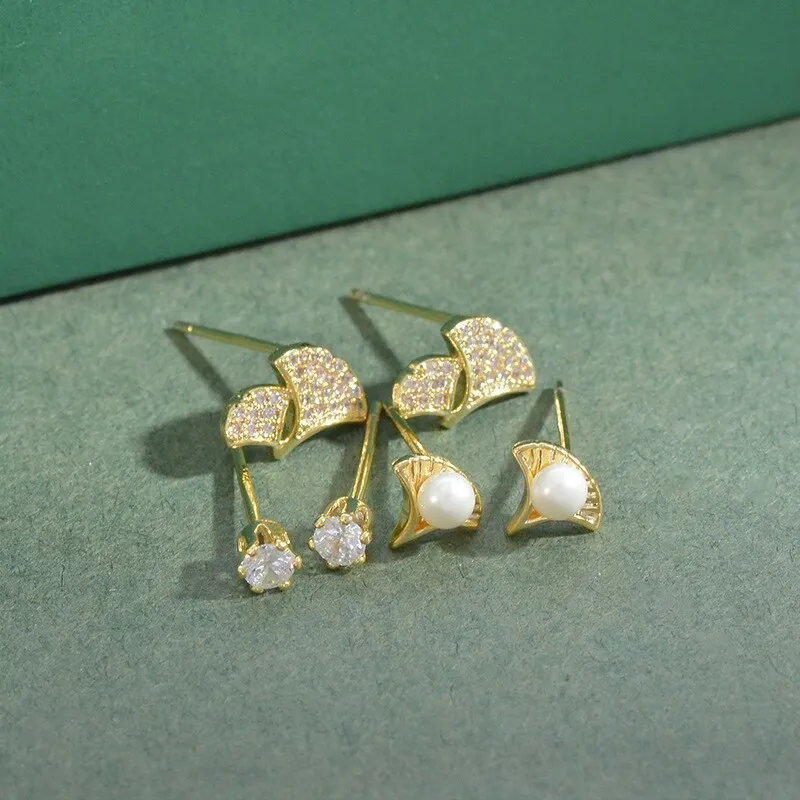 Sterling Silver Needle Fashion Girl Three Piece Set Combination Ear Studs One Card Three Pairs Ginkgo Leaf Simple Stud Earrings