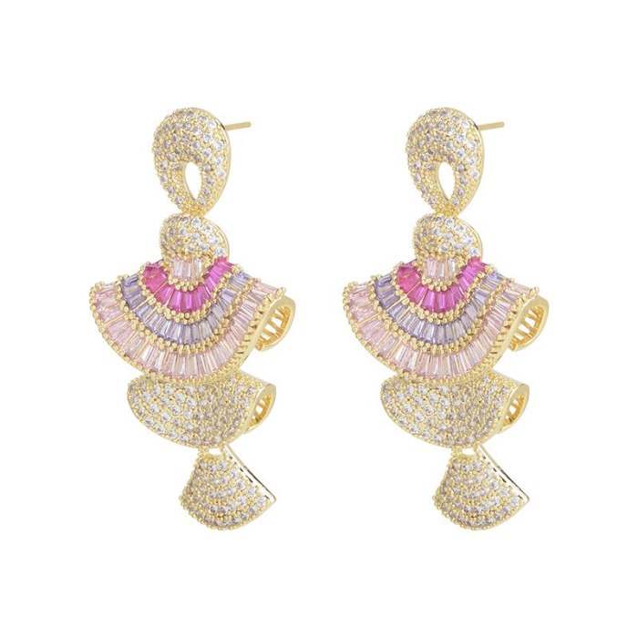 Colorful Zircon Small Skirt Earrings Sterling Silver Needle Earrings Three-Dimensional Gradient Pink Scallop Earrings e1037