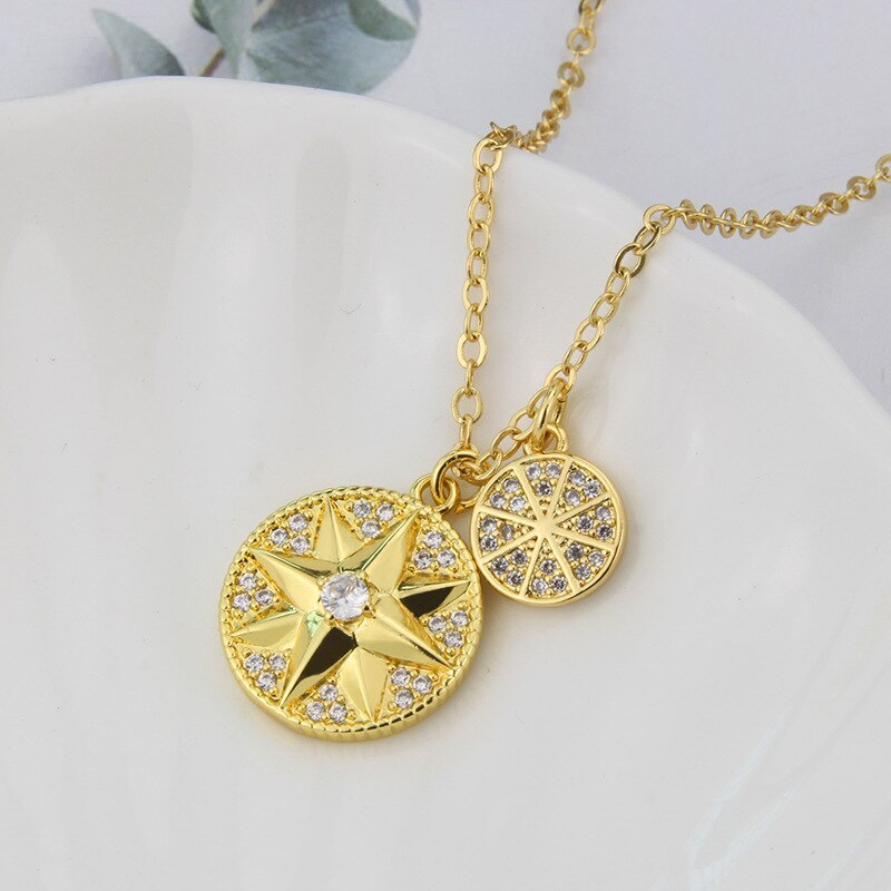 fashion Round Necklace Eight Awn Star Pendant Ornaments Female Inlaid Zirconium Copper Plating Necklace Female