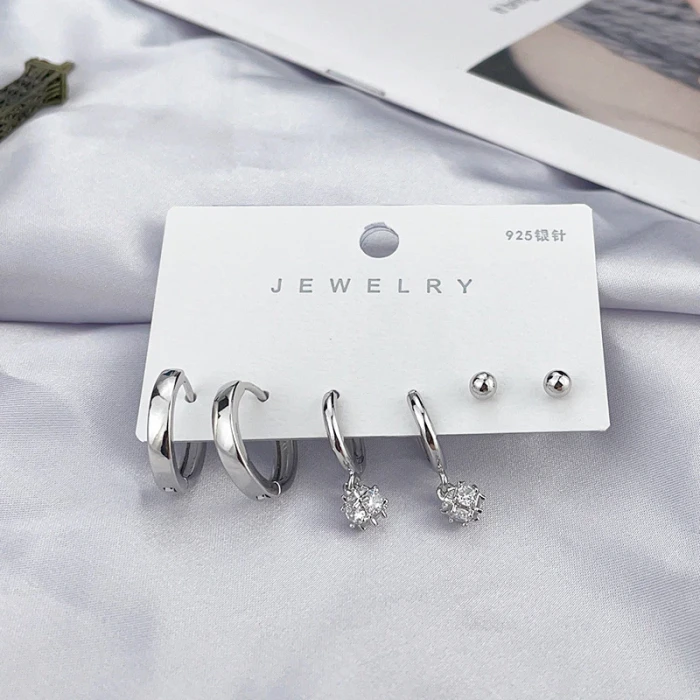 New Creative Stud Earrings Ear Ring Women's Silver-Plated Love Star Inlaid Zirconium Set Combination Earrings