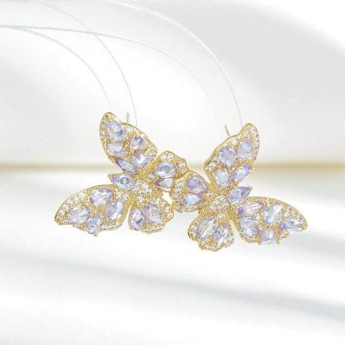 Heavy Industry High-Grade Color Zircon Earrings Female Atmosphere Sterling Silver Needle Three-Dimensional Butterfly Studs
