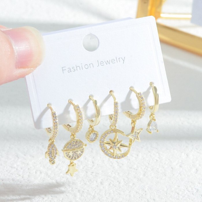 Sterling Silver Needle Fashion Girl Three Piece Set Combination Ear Studs One Card Three Pairs Eight Awn Star Student Earrings