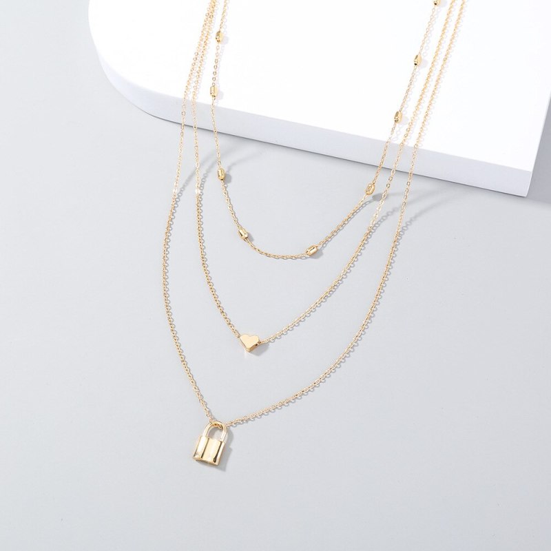 fashion Retro Fashion Multi-Layer Twin Simple Love Small Lock Pendant Necklace Ins Style Clavicle Chain Jewelry
