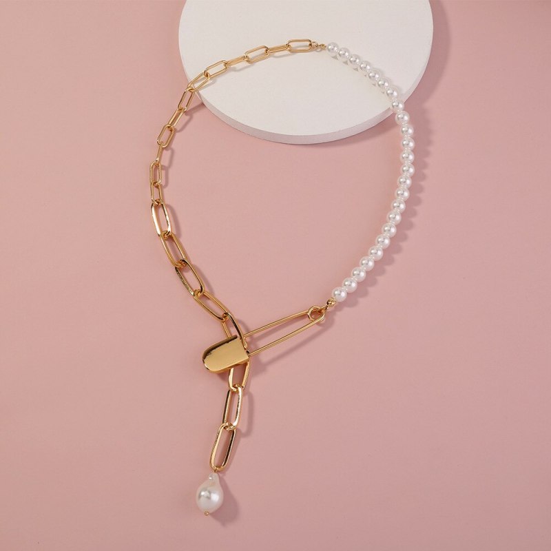INS Popular Ornament Metal Pin Safety Pin Plaid Chain Stitching Imitation Baroque Pearl Single Layer Necklace