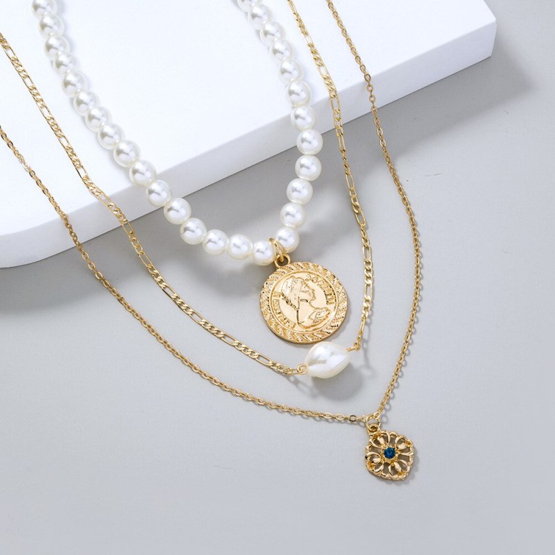 fashion Fashion Special-Interest Gold Pendant Pearl Chain Stitching Necklace Clavicle Chain Ins Style Ornament