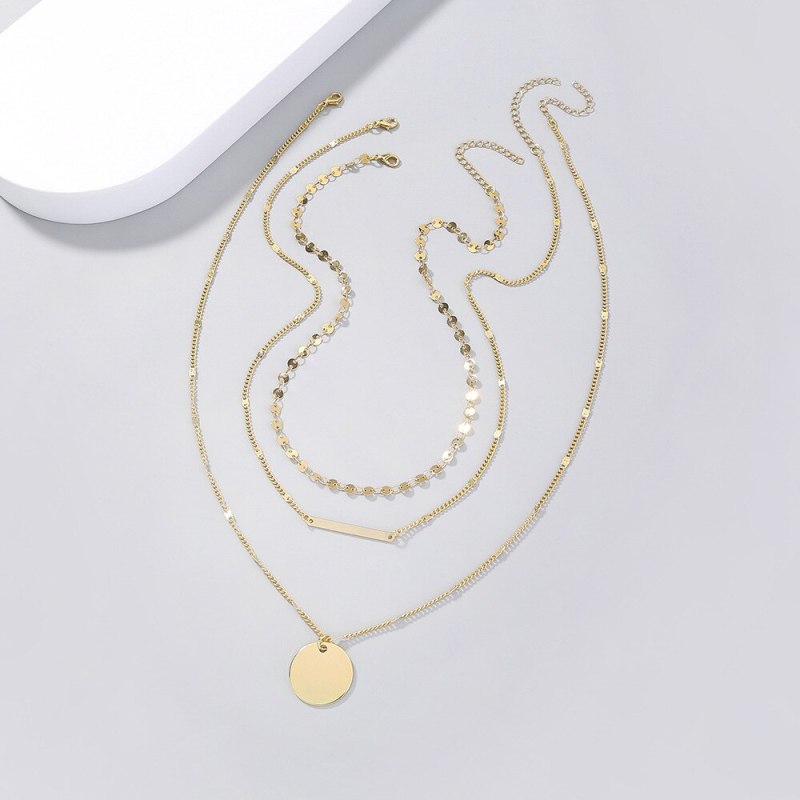fashion Fashion Minimalist Round Plate Pendant Gold Temperament Clavicle Chain Vintage Multi-Layer Necklace