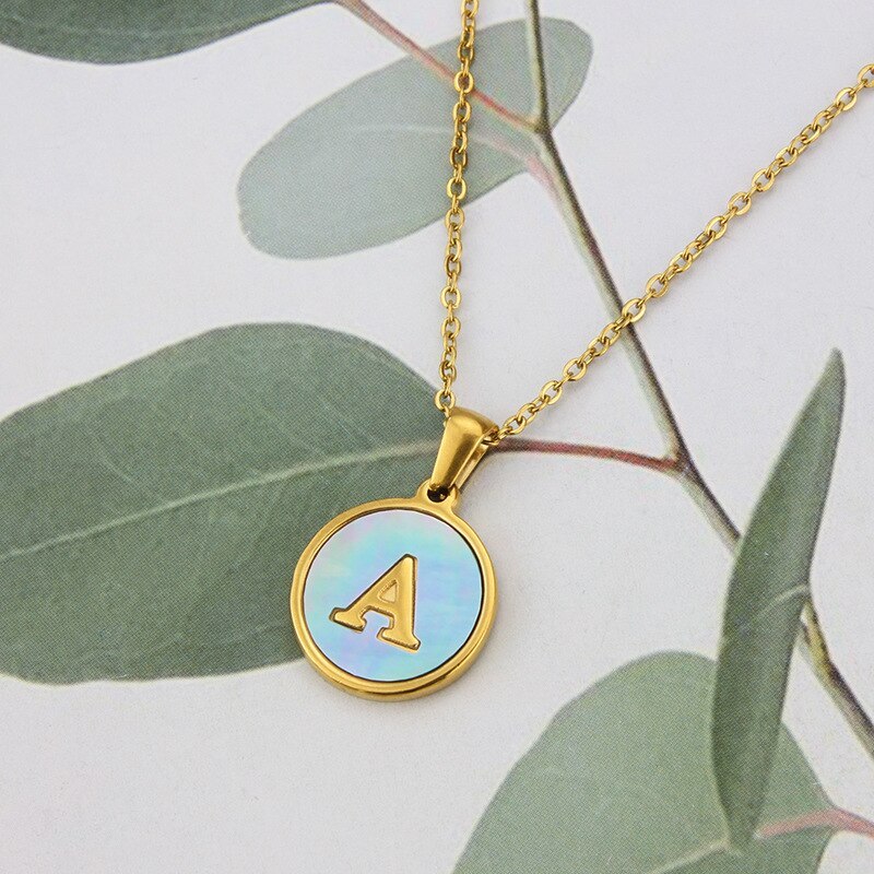 INS Cross-Border New Arrival Stainless Steel Round Blue Shell 26 Letter Necklace Simple Gold English Titanium Steel Pendant
