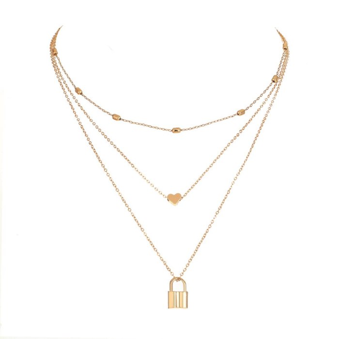 fashion Retro Fashion Multi-Layer Twin Simple Love Small Lock Pendant Necklace Ins Style Clavicle Chain Jewelry