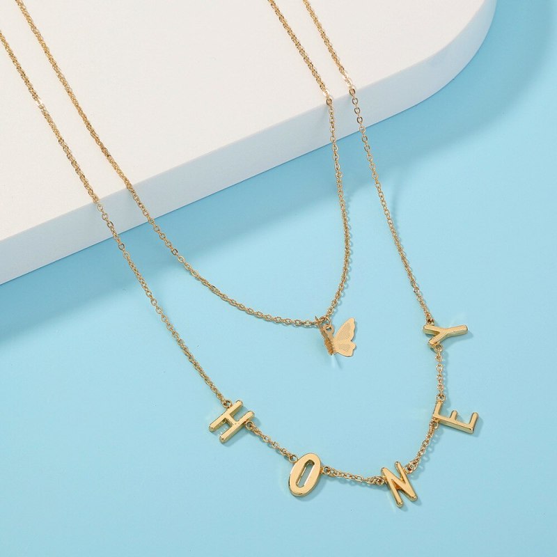 Cross-Border Hot Selling Metal Letter Multi-Layer Twin Necklace Simple Cold Style Butterfly Pendant Clavicle Chain