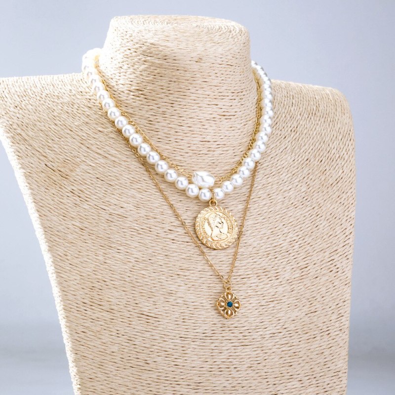 fashion Fashion Special-Interest Gold Pendant Pearl Chain Stitching Necklace Clavicle Chain Ins Style Ornament