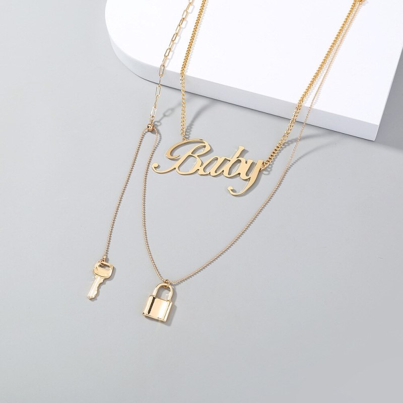 fashion Niche Lock Key Metal Exaggerating Collarbone Necklace Fashion Baby Letter Multi-Layer Twin Necklace