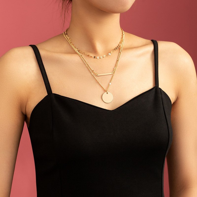 fashion Fashion Minimalist Round Plate Pendant Gold Temperament Clavicle Chain Vintage Multi-Layer Necklace