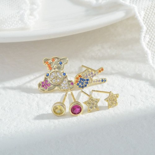925 Silver Needle Zircon Bear Female Stud Earrings Exquisite High Sense All-Matching Graceful One Card Three Pairs Earrings