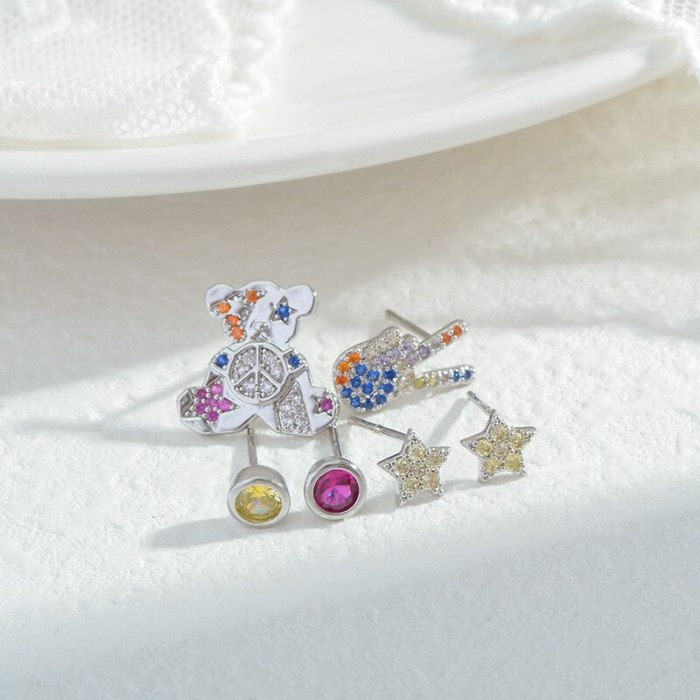 925 Silver Needle Zircon Bear Female Stud Earrings Exquisite High Sense All-Matching Graceful One Card Three Pairs Earrings