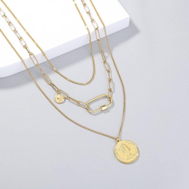 Cross Border Top-Selling Product Fashion Golden Head Pendant Paperback Buckle Necklace Niche Multi-Layer Necklace Ornament