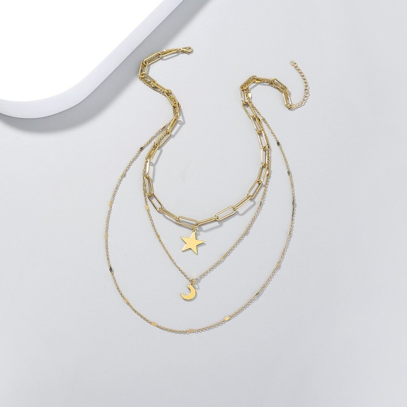 FashionCross Border Popular Fresh Simple Star And Moon Design Necklace Niche Retro Multi-Layer Necklace Ornament