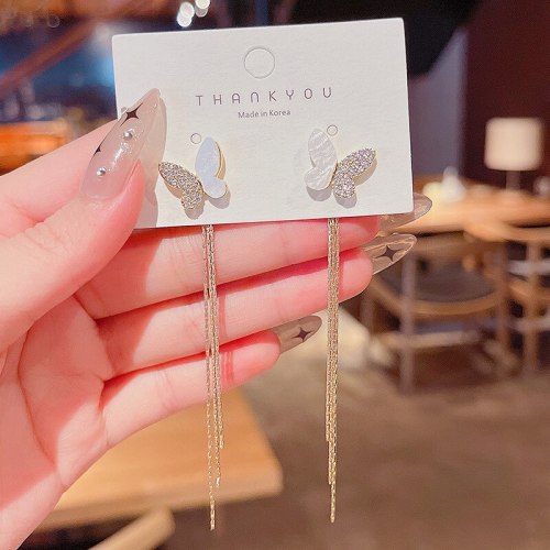 Korean Style New Personalized Fritillary Butterfly Studs Long 925 Silver Needle Tassel Earrings Women Wholesale