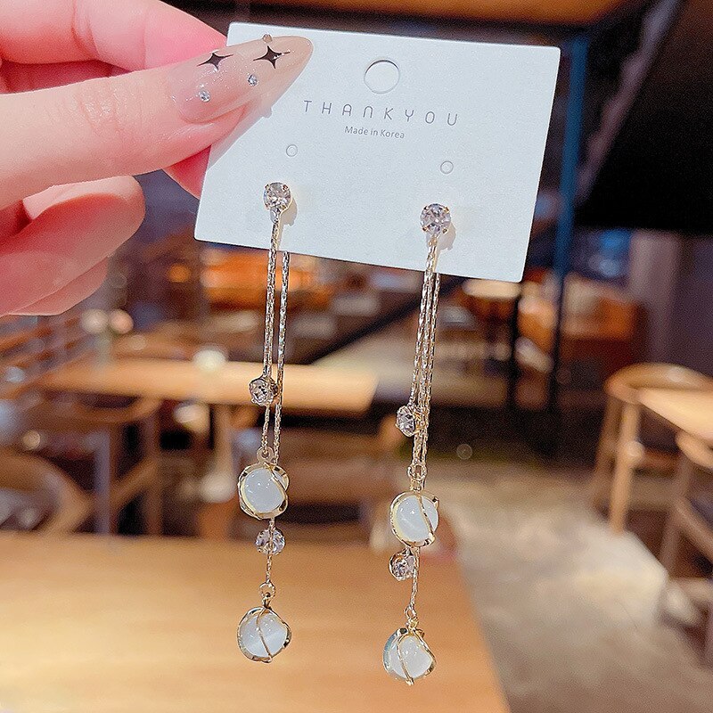 Sterling Silver Needle Korean Style New Personalized Fashion Opal Tassel Earrings Zircon Earrings 4283