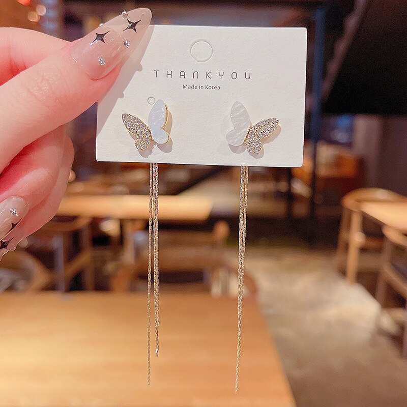Korean Style New Personalized Fritillary Butterfly Studs Long 925 Silver Needle Tassel Earrings Women Wholesale