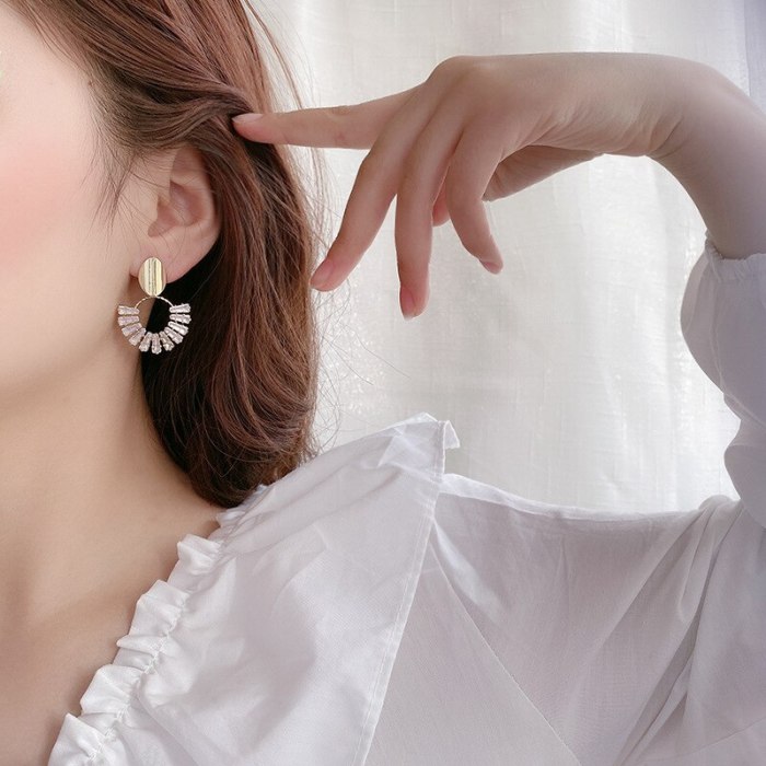 INS Fan-Shaped Zircon Earrings Female 925 Silver Needle High-Profile Earrings Earrings