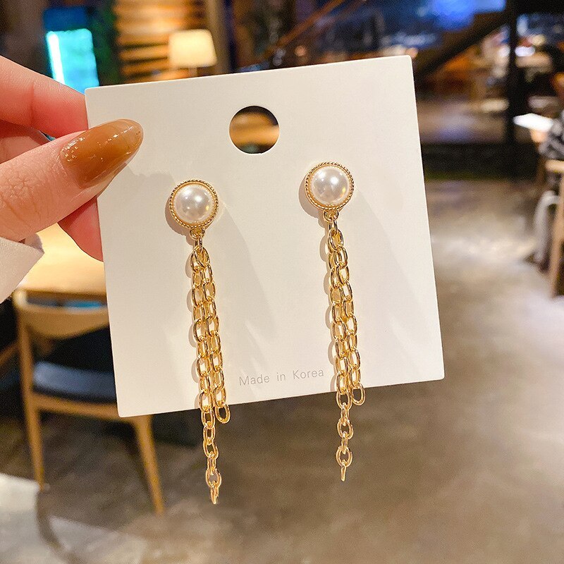 Wholesale Sterling Silver Needle Circle and Pearl Stud Earrings Long Chain Earrings for Women Dropshipping