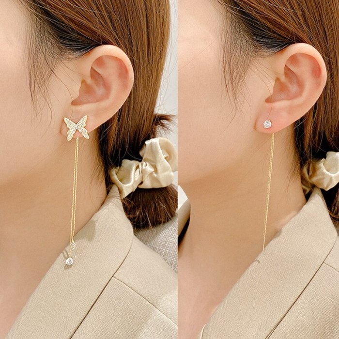 Wholesale Sterling Silver Needle Butterfly Earrings Asymmetric Zircon Ear Studs Earrings Dropshipping