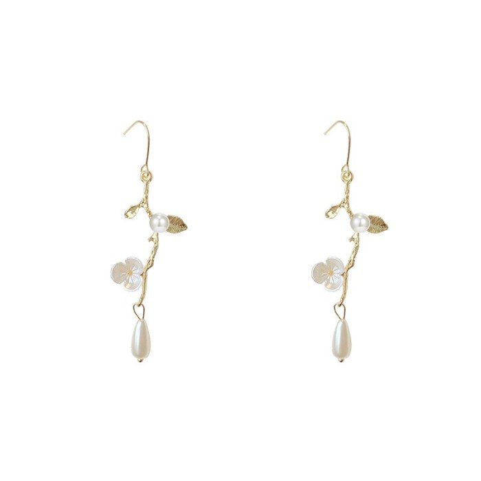 Dropshiping  Sterling Silver Needle Pearl Flower Earrings Branches Drop Earrings