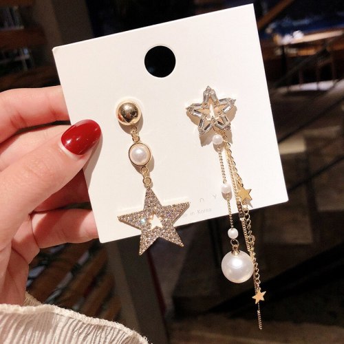 Pentagram Earrings Asymmetric Diamond Star Tassel Earrings Female Stud Earrings 811