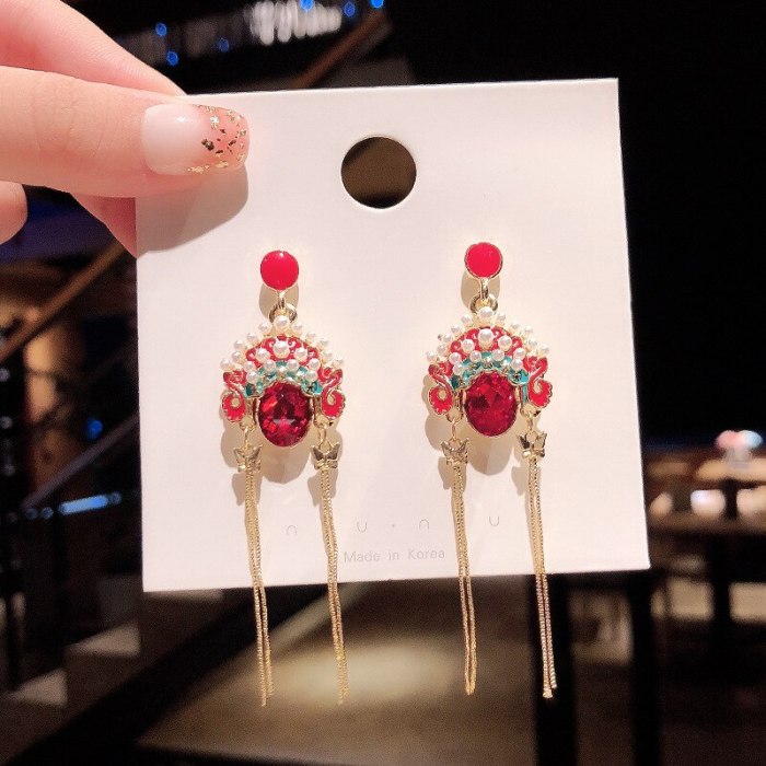 925 Silver Needle Long Peking Opera Face Earrings Female Tassel Earrings
