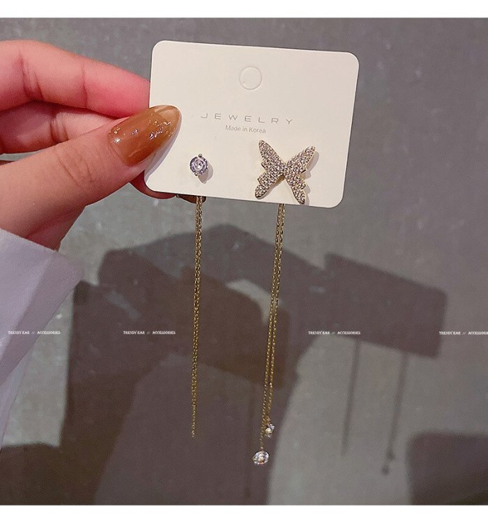 Wholesale Sterling Silver Needle Butterfly Earrings Asymmetric Zircon Ear Studs Earrings Dropshipping