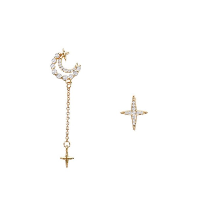 Wholesale Sterling Silver Needle New Star Moon Zircon Long Fringe Earrings Dropshipping Jewelry Fashion