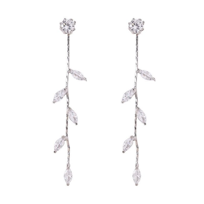 925 Silver Pin Earrings Zircon Earrings Tassel Leaves Long Fashion Stud Earrings