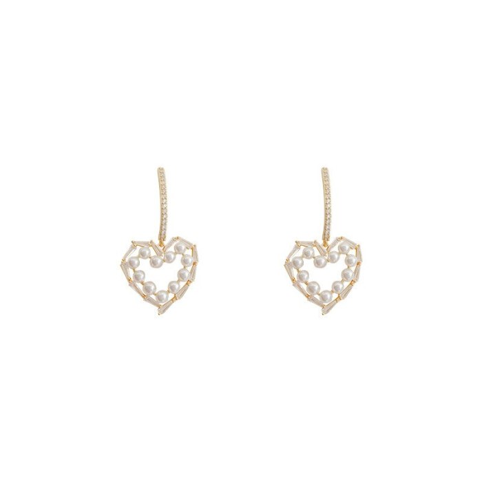 Sterling Silver Needle New Hollowed Heart Shape Pearl Zircon Earrings for Women  Drop Earrings