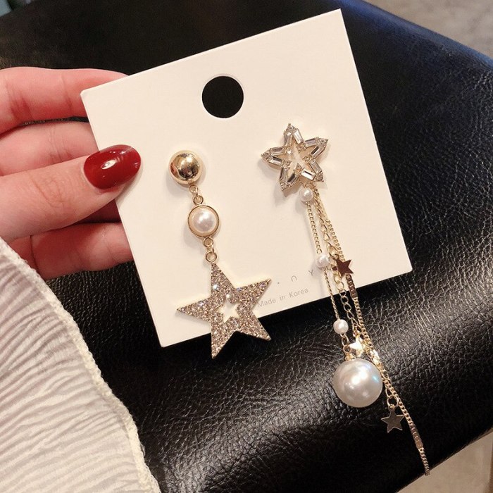 Pentagram Earrings Asymmetric Diamond Star Tassel Earrings Female Stud Earrings 811