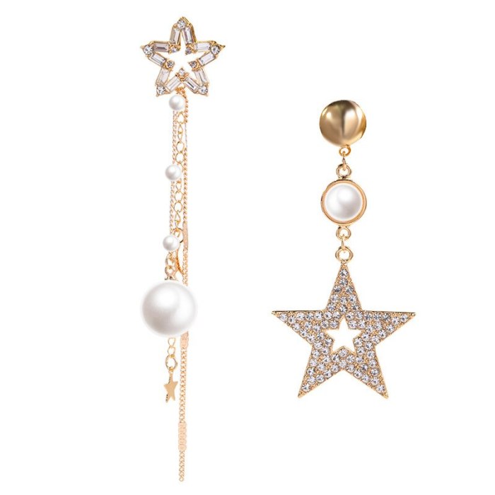 Pentagram Earrings Asymmetric Diamond Star Tassel Earrings Female Stud Earrings 811