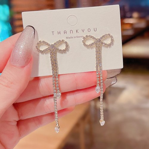 Wholesale Sterling Silver Needle Bow Long Earrings Women's Diamond Earrings Dropshipping