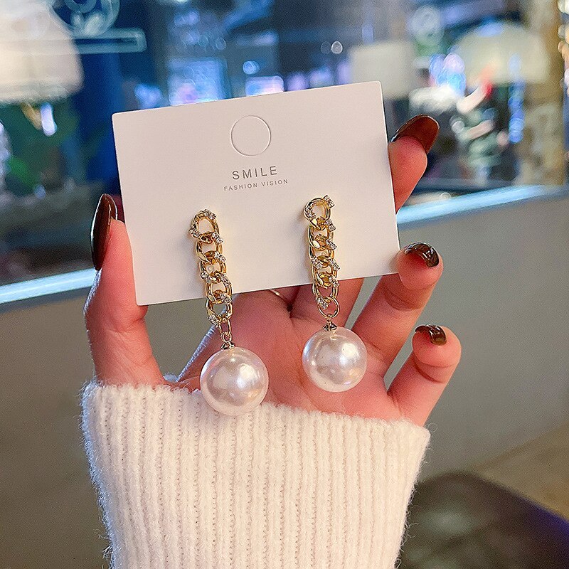 Sterling Silver Needle Pearl Diamond Geometric Chain Earrings for Women