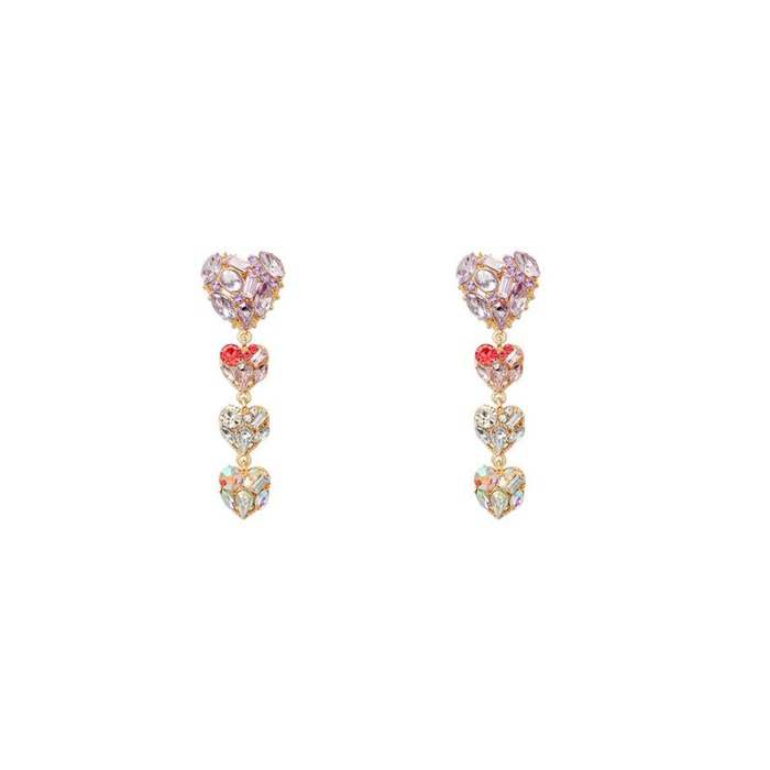 Sterling Silver Needle Long Love Heart Zircon Earrings for Women Color Drop Earrings Wholesale