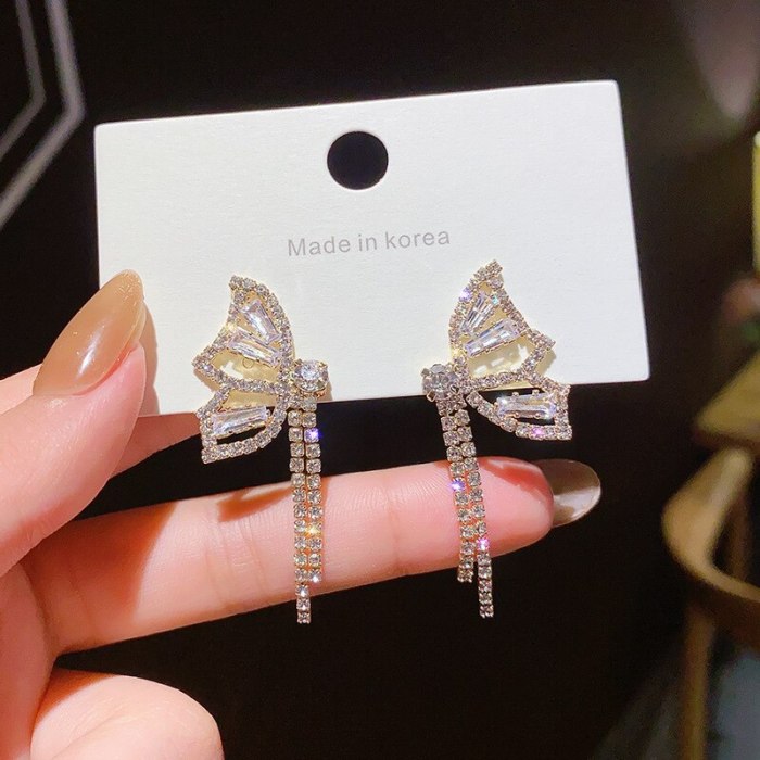Wholesale Sterling Silver Needle Full Rhinestone Zircon Butterfly Earrings Female Tassel Earrings Dropshipping