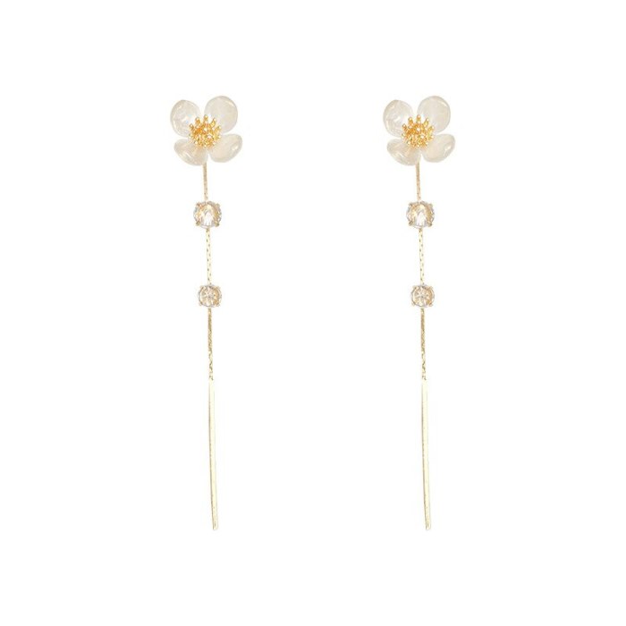 Sterling Silver Needle New Summer Flower Crystal Long Earrings Female Tassel Stud Earrings