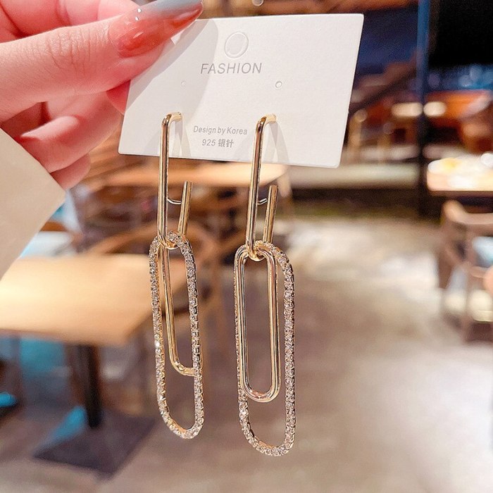 wholesale Sterling Silver Needle Full Diamond Long Earrings for Women Geometric Ear Hook Earrings