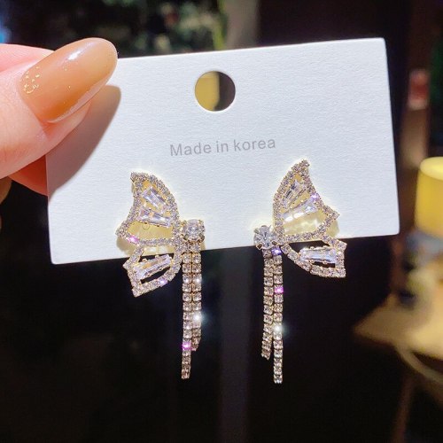 Wholesale Sterling Silver Needle Full Rhinestone Zircon Butterfly Earrings Female Tassel Earrings Dropshipping