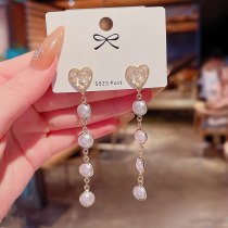 Wholesale Love Heart Stud Drop Earrings Sterling Silver Needle Long Pearl Tassel Earrings