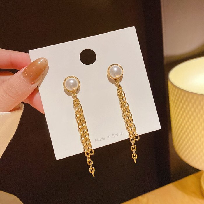 Wholesale Sterling Silver Needle Circle and Pearl Stud Earrings Long Chain Earrings for Women Dropshipping