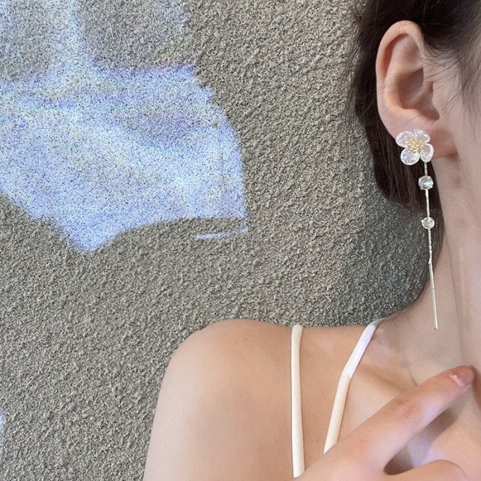 Sterling Silver Needle New Summer Flower Crystal Long Earrings Female Tassel Stud Earrings