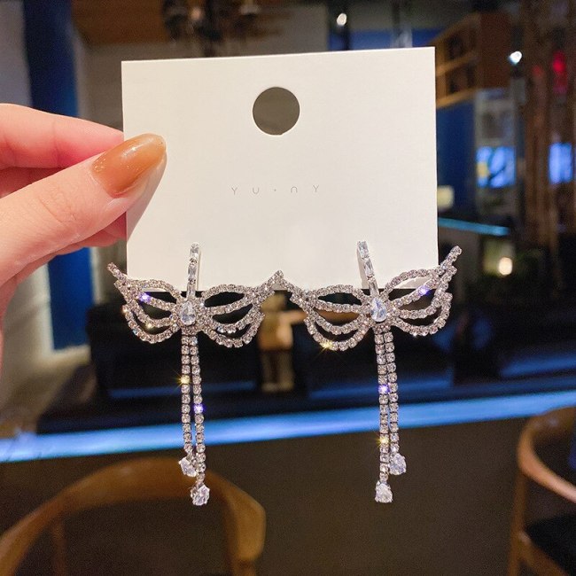 Wholesale Sterling Silver Needle Long Tassel Full Diamond Bow Earrings New Studs Earrings Dropshipping Jewelry Fashion
