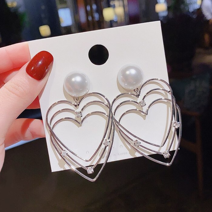 Wholesale 925 Silver Needle Love Heart Earrings Women's Multi-Layer Pearl Ear Studs Earrings Dropshipping